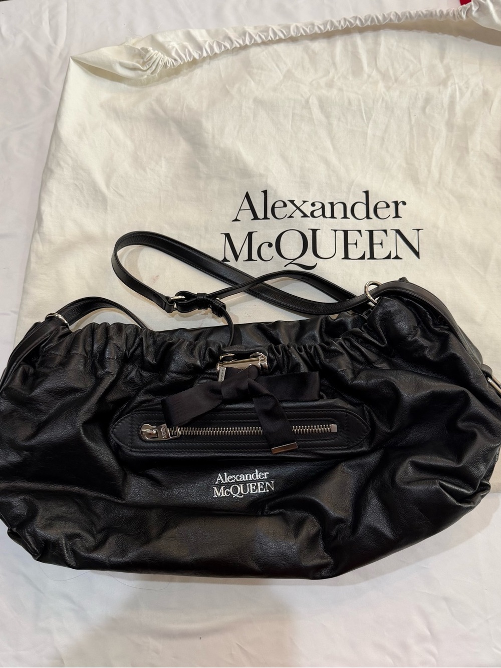 Alexander McQueen Black Leather Hobo Ruched Shoulder Bag with Front Zip